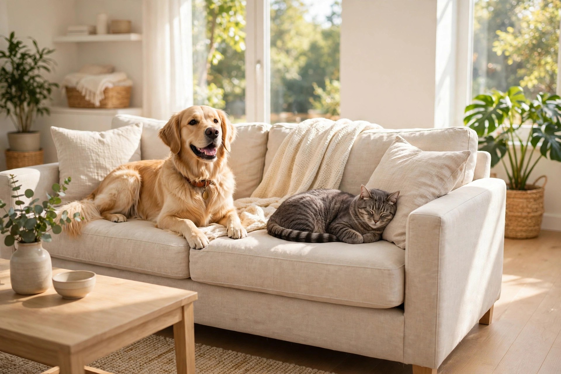 A golden retriever and a tabby cat relaxing on a light sofa in a bright, spotless living room