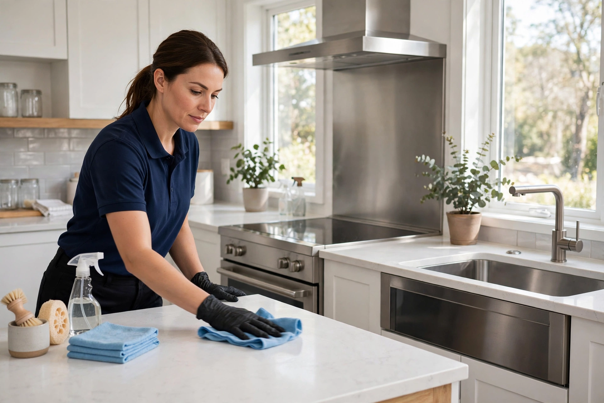 Cleaner wiping down a kitchen countertop during a regular home cleaning