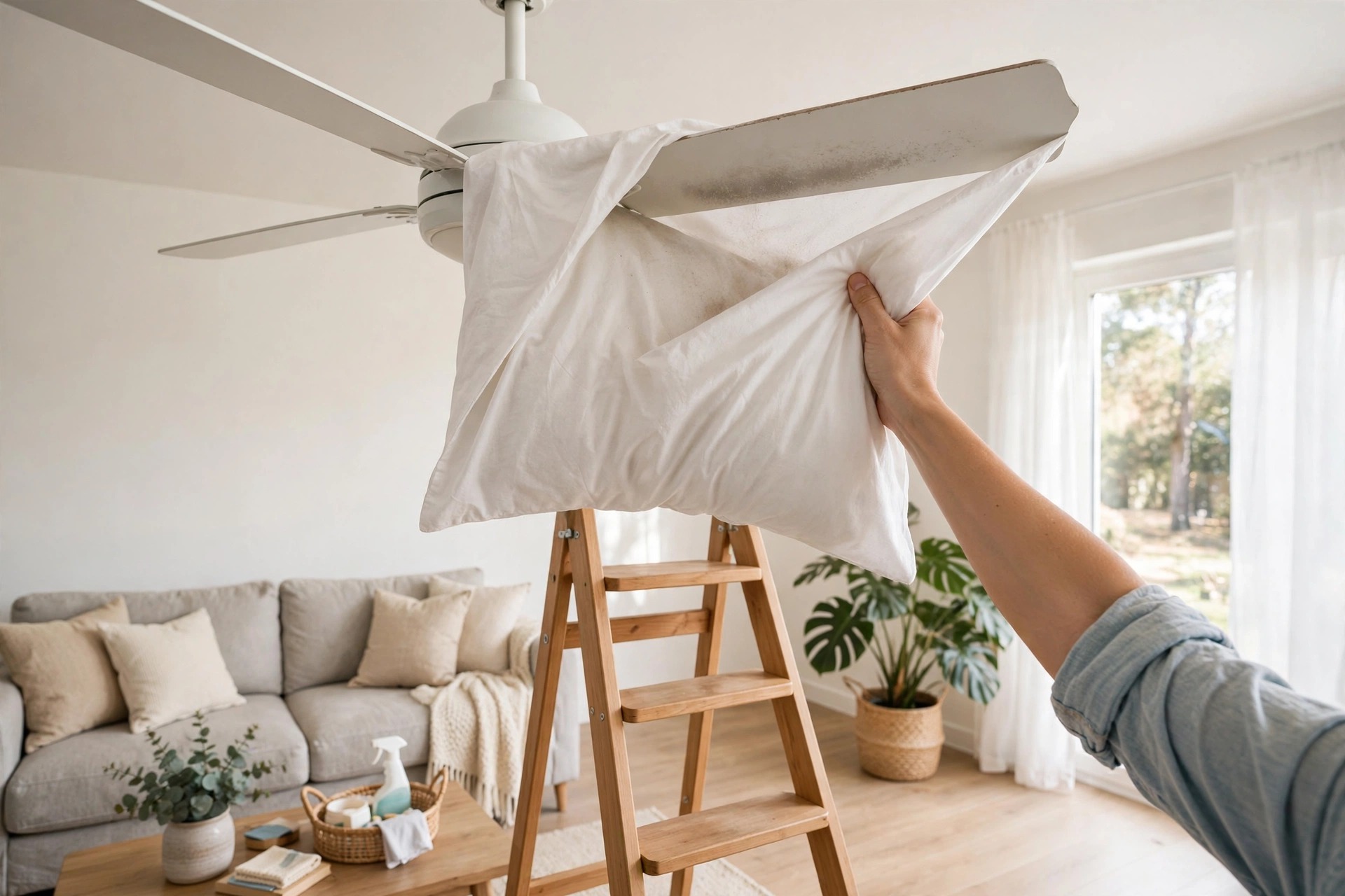 Sliding a pillowcase over a ceiling fan blade to trap dust