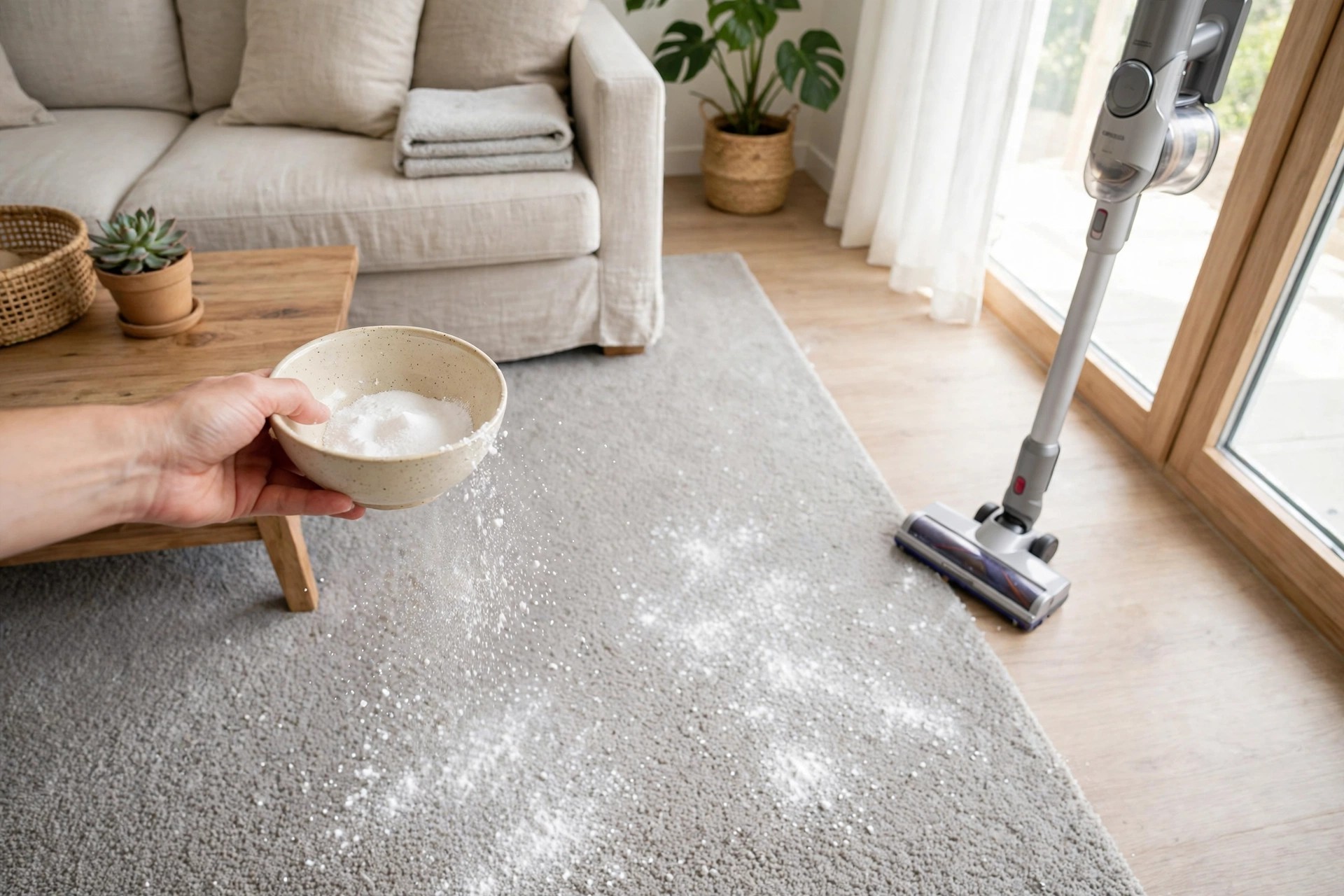 Sprinkling baking soda from a bowl over a living room carpet, with a vacuum ready nearby