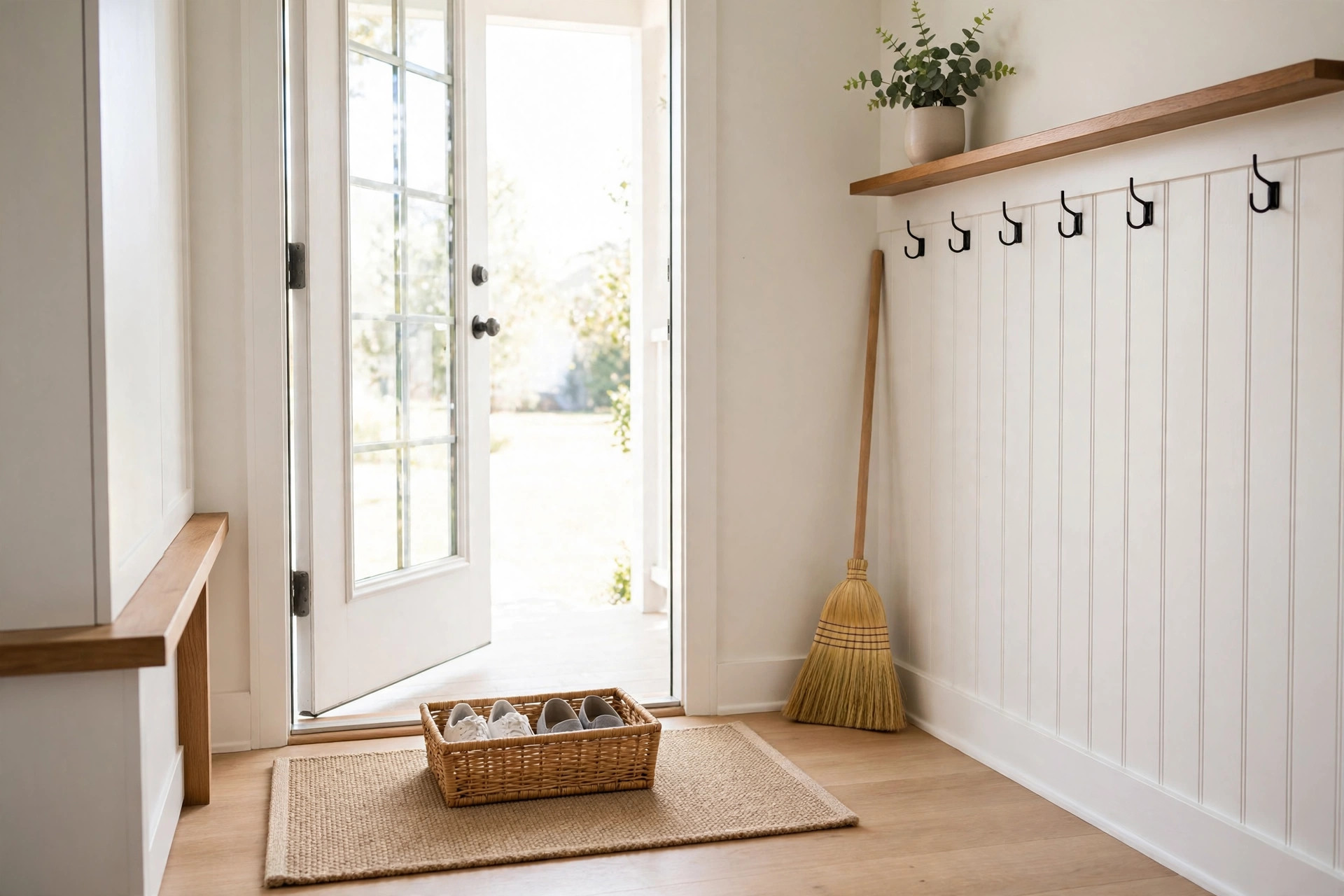 A bright, spotless home entryway with an open glass door, a clean doormat, a basket of shoes, and a broom leaning against a white wainscoted wall
