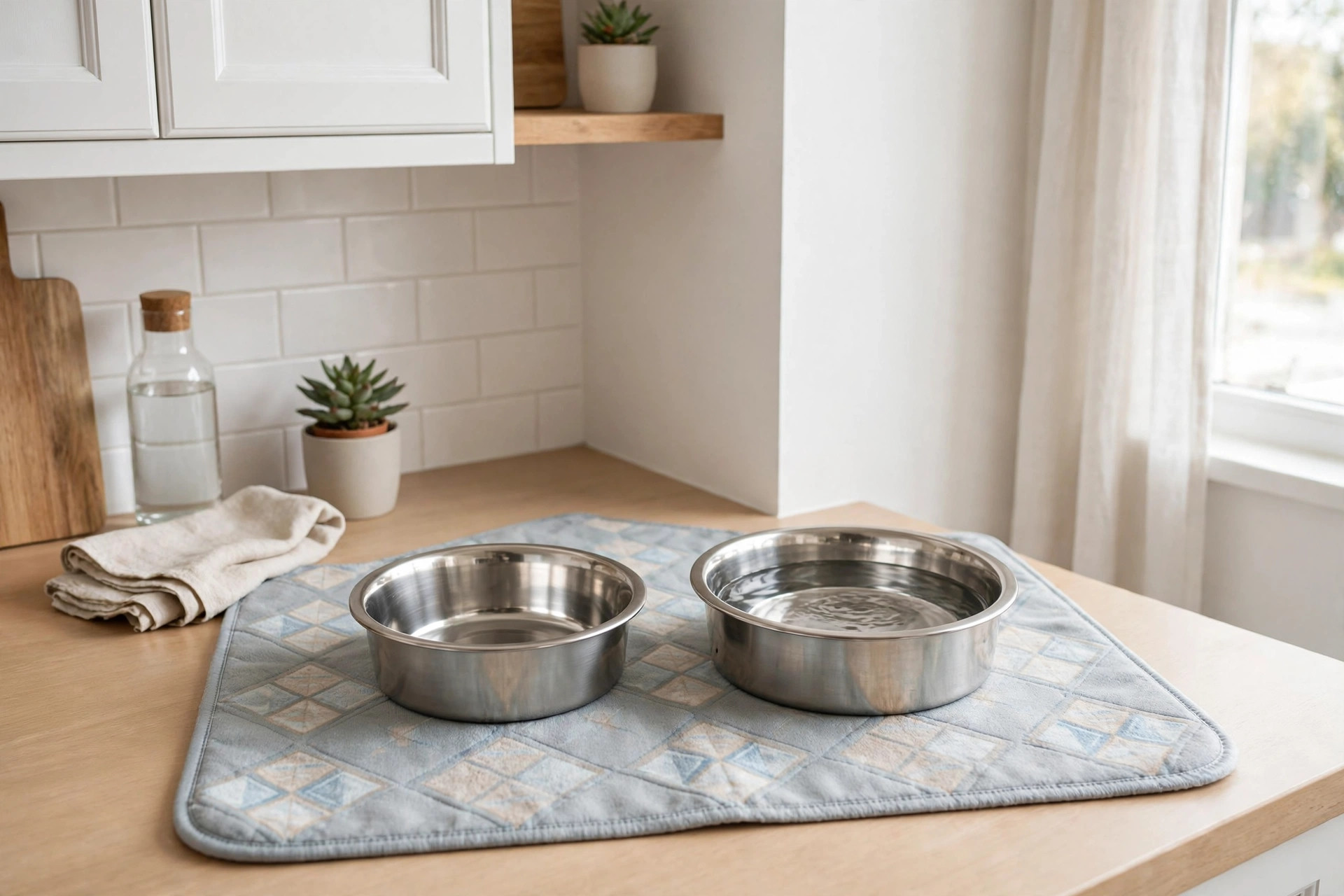 Freshly washed stainless steel pet food and water bowls on a mat in a bright, clean kitchen corner