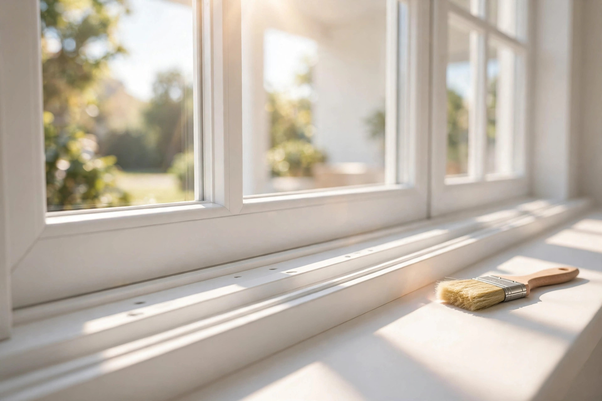 A bright, spotless white window track and sill in warm sunlight, with a small brush resting on the sill