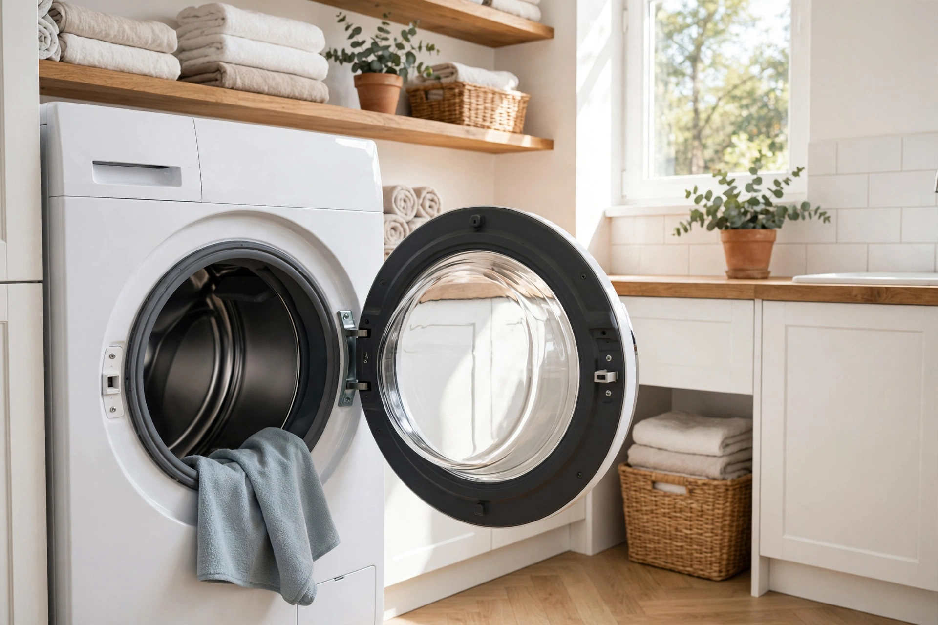 A white front-load washing machine with its round door open in a bright, spotless laundry room, a soft towel draped over the drum edge