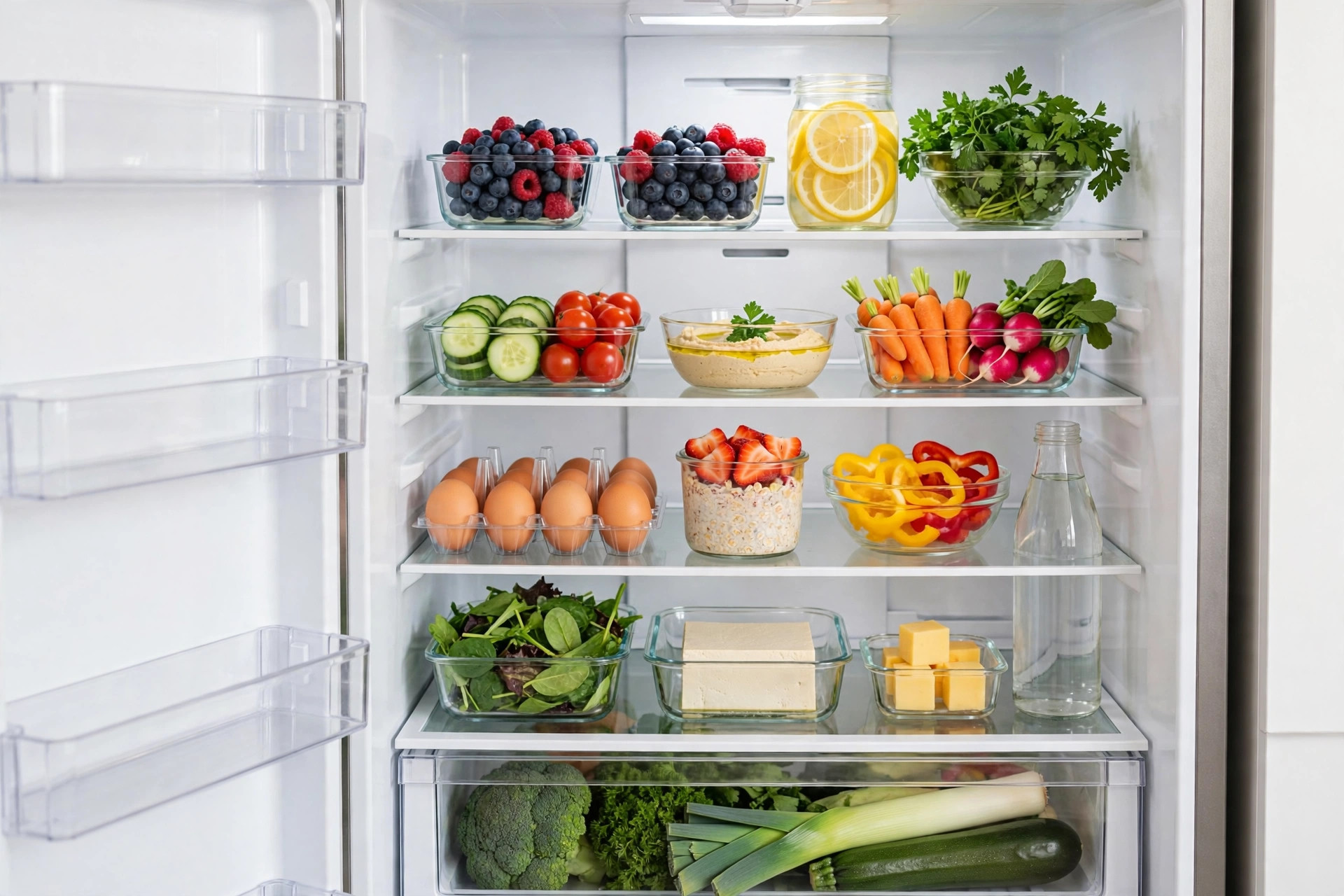 The spotless inside of an open refrigerator, its clean shelves neatly organized with fresh food in clear glass containers β berries, eggs, vegetables and leafy greens