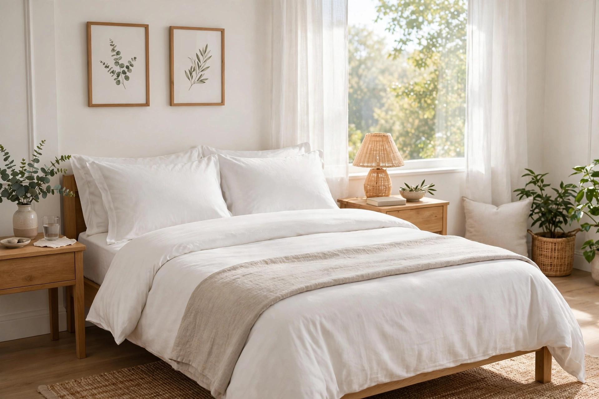 A bright, spotless bedroom with a freshly made bed dressed in crisp white bedding and plump white pillowcases, bathed in soft morning light