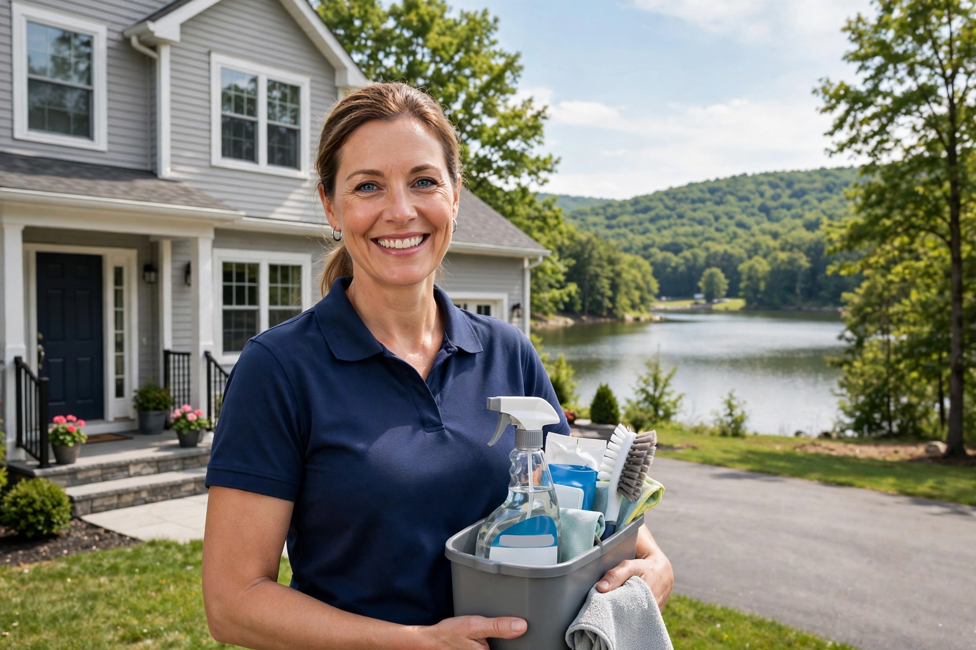 A SMARTWORKS cleaner with cleaning supplies by the shoreline of Spruce Run Reservoir near Annandale