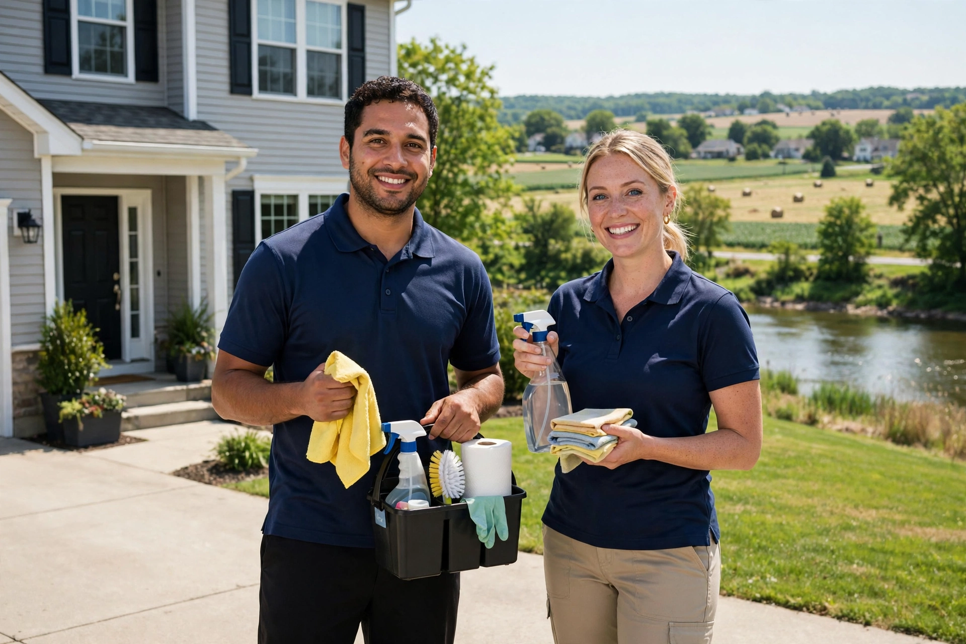 Two SMARTWORKS cleaners with their supplies overlooking Branchburg farmland and the North Branch of the Raritan River