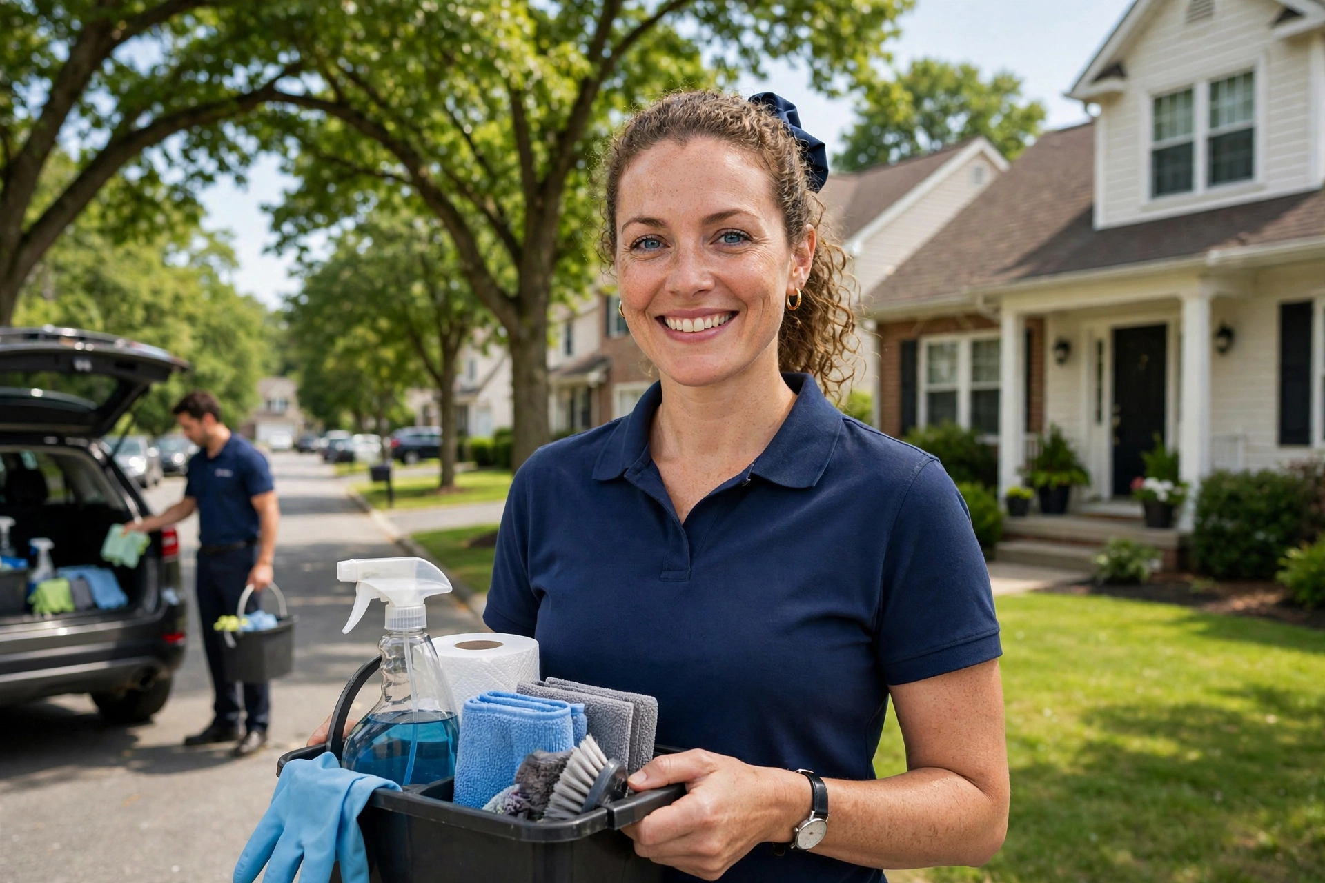 A SMARTWORKS cleaner with her supply caddy on a tree-lined residential street in Bridgewater